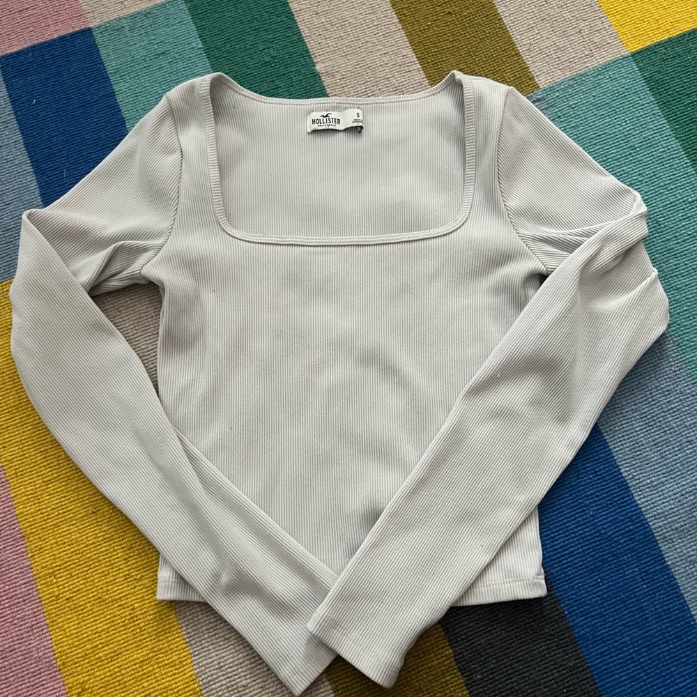 Hollister Women's Square Neck Ribbed Long Sleeve Top - Light Gray